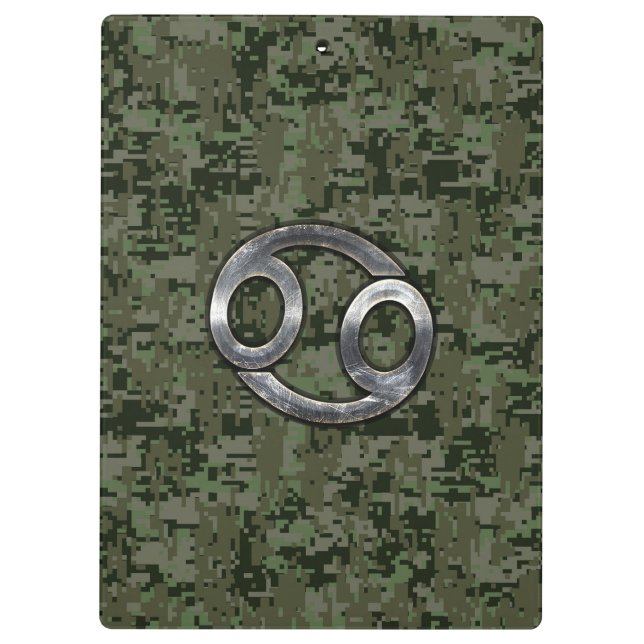 Cancer Zodiac Symbol on Woodland Digital Camo Clipboard (Back)