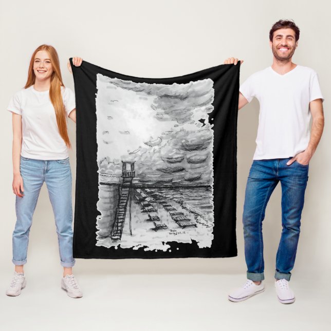 Cancun Beach cloudy black and white Fleece Blanket (In Situ)