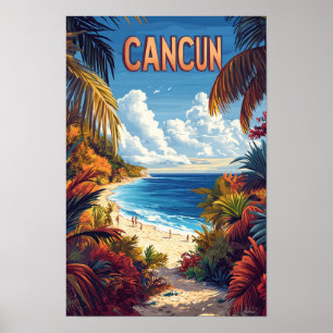 Cancun Beach Mexico Vintage Illustration Travel Poster