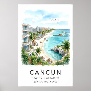 Cancun Beach Watercolor Print, Palm Trees and Pier Poster