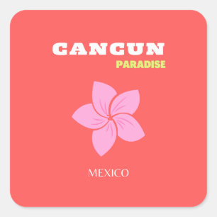 Cancun, Cancun Travel Art, Preppy, Pink, Red Square Sticker