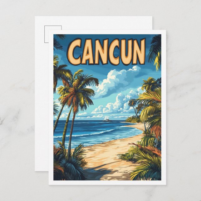 Cancun Mexico Art Vintage Illustration Travel Postcard (Front/Back)