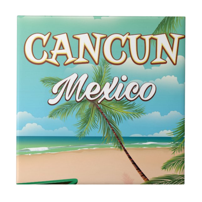 Cancun Mexico beach poster Ceramic Tile (Front)