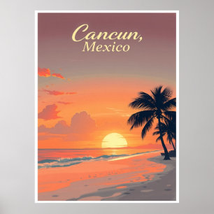 Cancun, Mexico – Beach Sunset Vintage Illustration Poster