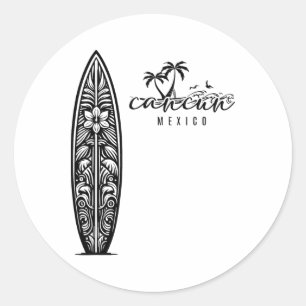 Cancun Mexico Beach Surfing Surfboard Retro  Classic Round Sticker