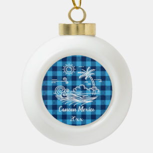 Cancun Mexico Blue Buffalo Check Christmas Ceramic Ball Christmas Ornament