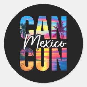Cancun Mexico Palm Tree Sunset Beach Summer Vacati Classic Round Sticker