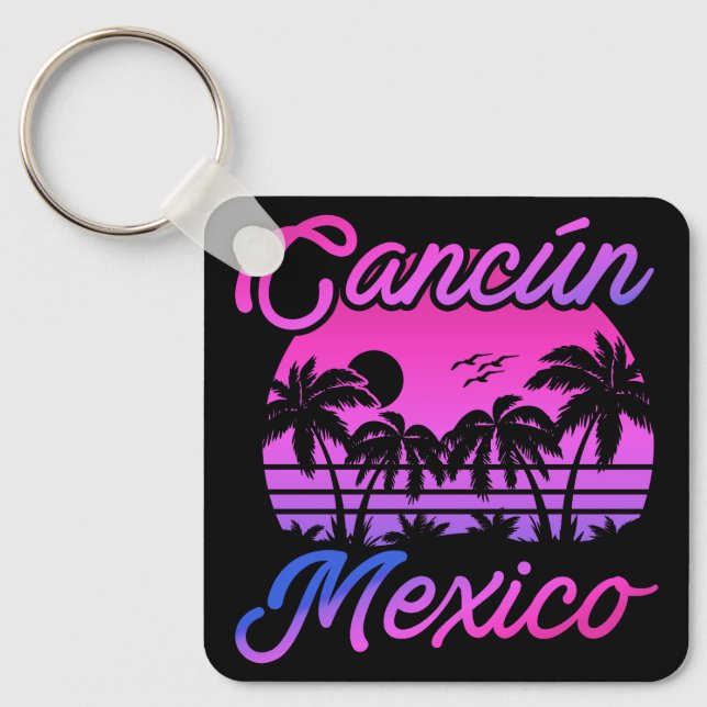 Cancun Mexico Palm Trees Retro Travel Souvenirs Key Ring (Front)