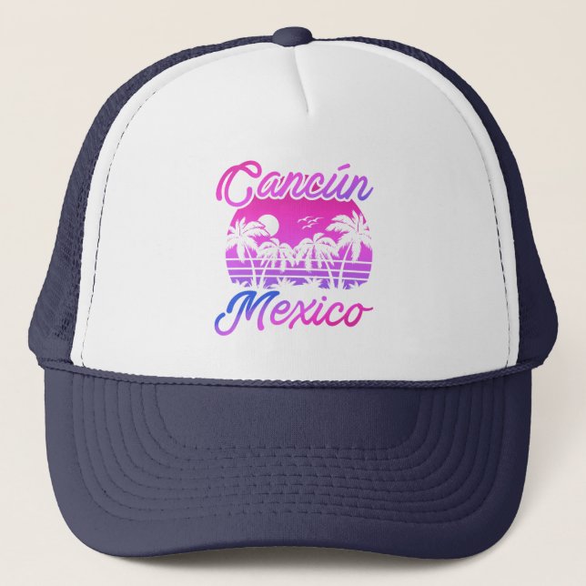 Cancun Mexico Palm Trees Retro Travel Souvenirs Trucker Hat (Front)
