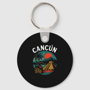 Cancún Mexico Retro Vacation Sunset Pyramid Trip R Key Ring