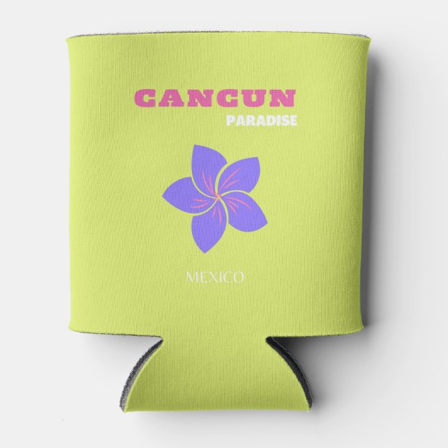 Cancun, Mexico Travel Art, Tropical Art, Green Can Cooler (Front)