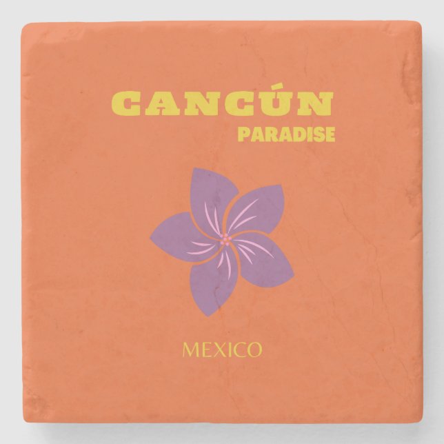 Cancun, Mexico, Travel Art, Tropical Art, Orange Stone Coaster (Front)