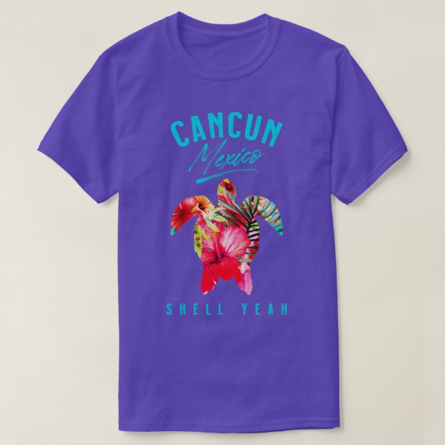 Cancun Mexico Tropical Hibiscus Flowers Sea Turtle T-Shirt (Design Front)
