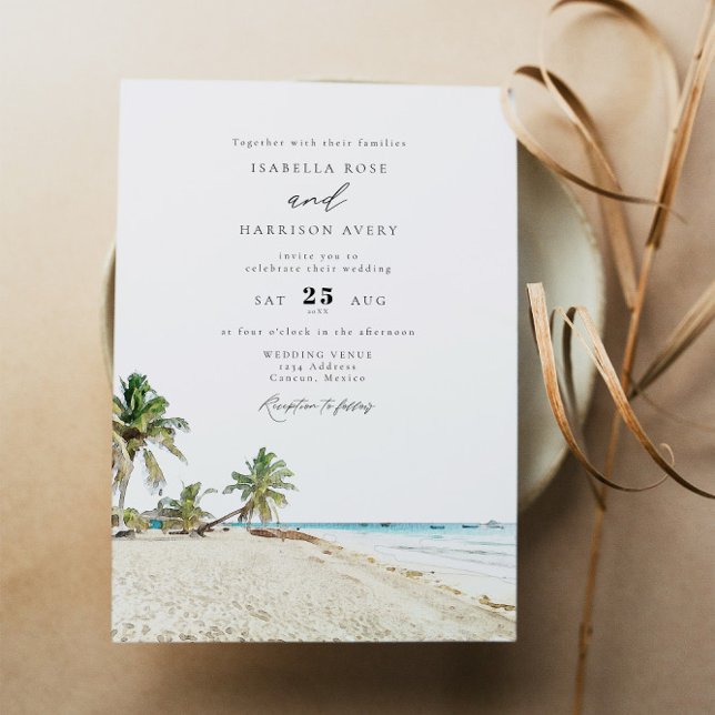 CANCUN Mexico Watercolor Beach Wedding Invitation (Creator Uploaded)