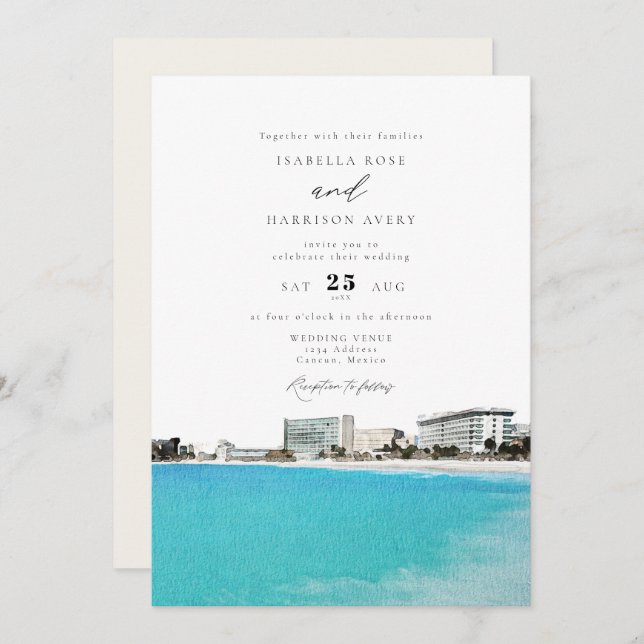 CANCUN Mexico Watercolor Skyline Wedding Invitation (Front/Back)