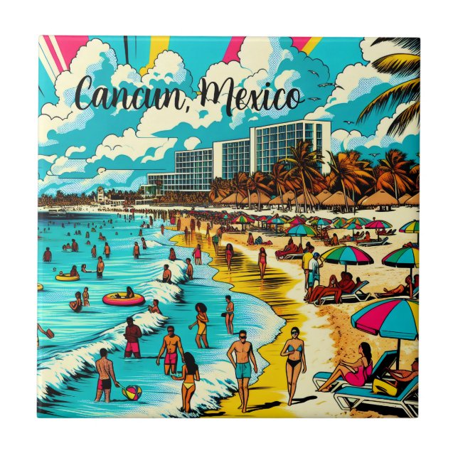 Cancun, Mexico with a Pop Art Vibe Ceramic Tile (Front)