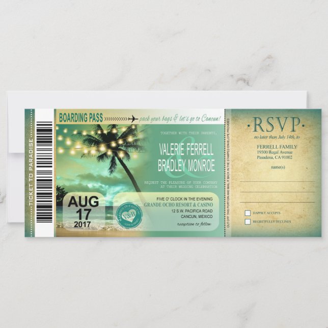 Cancun Twilight Beach Boarding Pass Wedding aqua Invitation (Front)