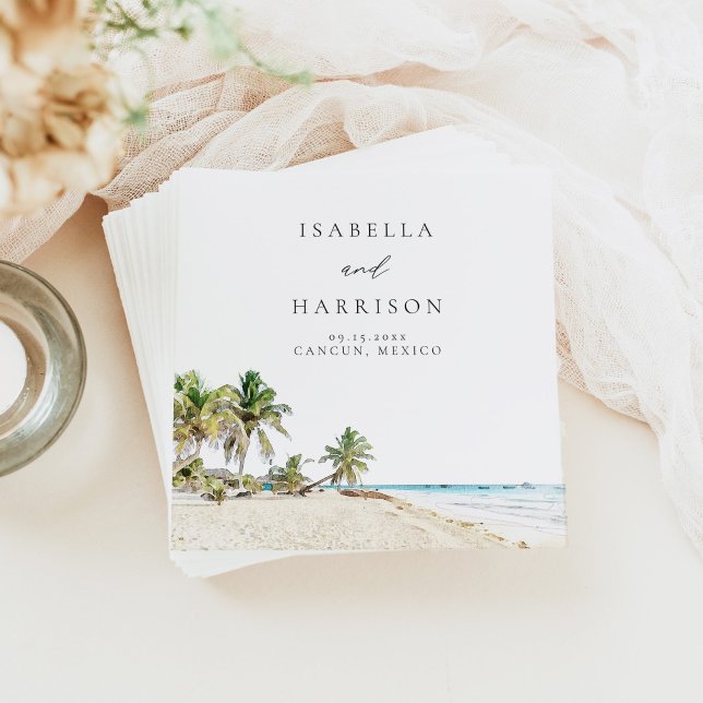 CANCUN Watercolor Beach Palm Tree Destination Napkin (Creator Uploaded)