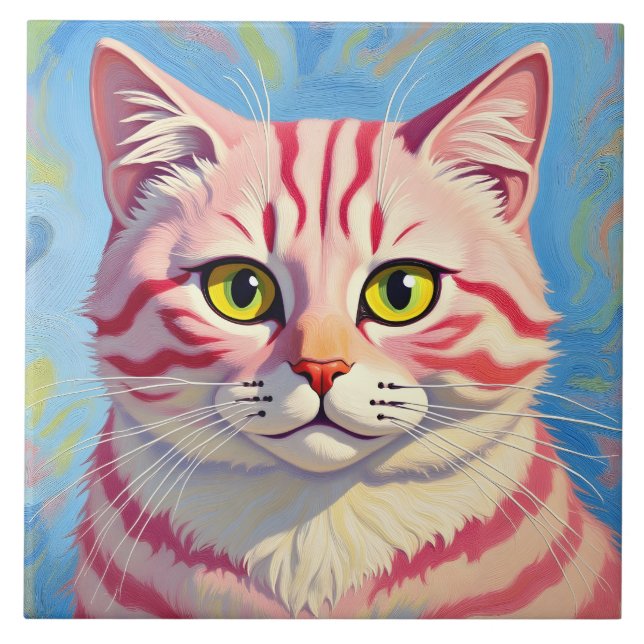 “Candice” A Cherry Striped Mystique – Cat Portrait Ceramic Tile (Front)