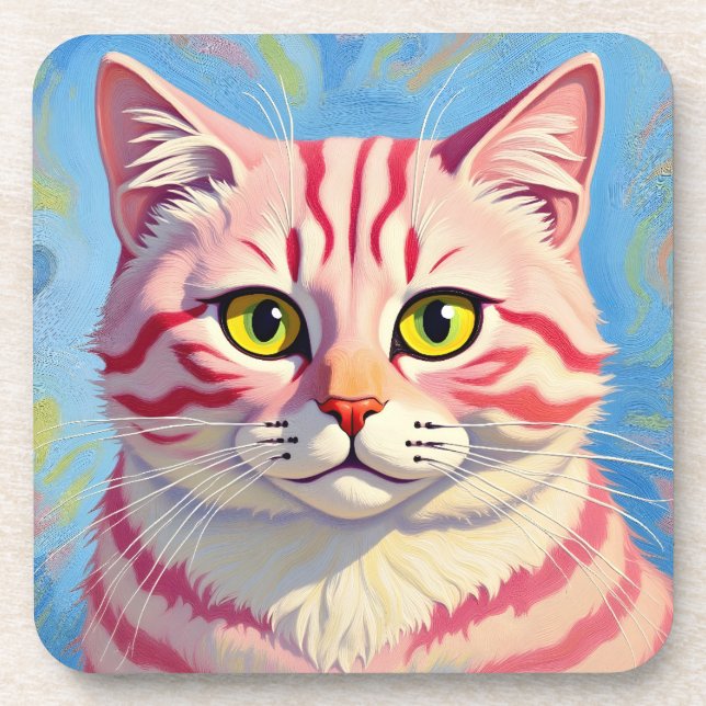 “Candice” A Cherry Striped Mystique – Cat Portrait Coaster (Front)