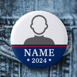 Candidate name political election campaign photo 6 cm round badge<br><div class="desc">Badge button with your custom candidate name and year. White text flanked by stars on a blue background with a red stripe above. Fill in the name of your favourite political candidate and customise the photo.</div>