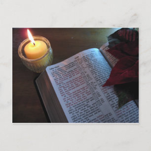 Candle, Bible, and Poinsetta Postcard