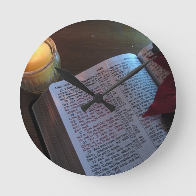 Candle, Bible, and Poinsetta Round Clock (Front)