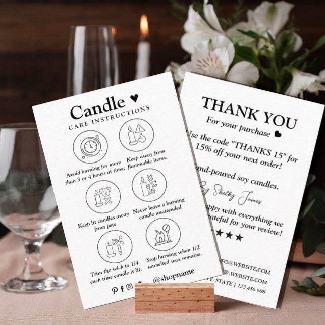 Candle Care Black & White | Custom Logo Thank You  Business Card (#zazzlemade #blackandwhite #thankyoucard #warningcard #instruction #candlecard #instructionicons)