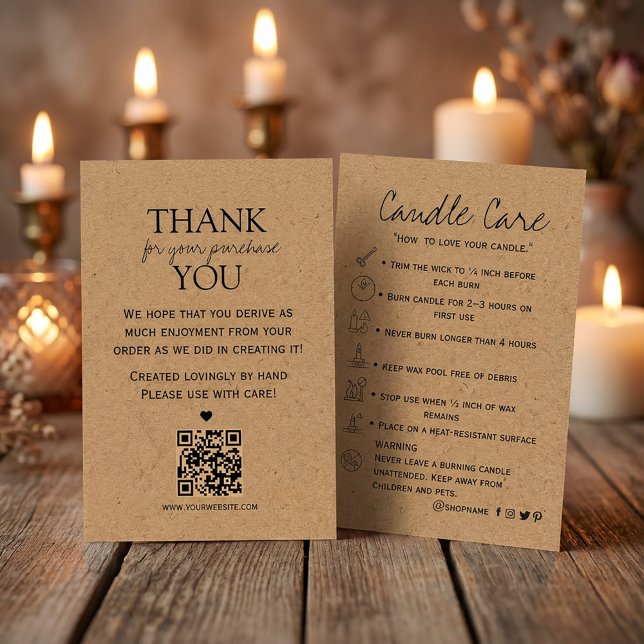Candle Care Kraft Paper | Custom Icons |Thank You  Business Card (#candlecare#candlemaking#handmadecandles#candlebranding#candlepackaging#thankyoucarddesign#kraftpape)