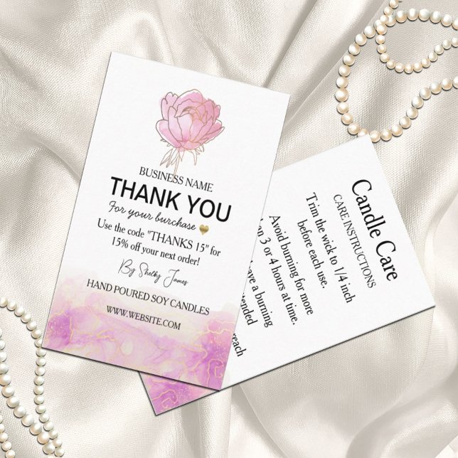  Candle Care Pink Peony Flower | Thank You Business Card (Creator Uploaded)