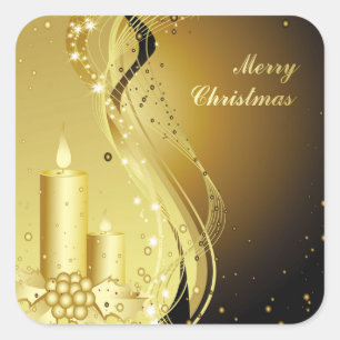 Candle Christmas Holly on Sparkling Background Square Sticker