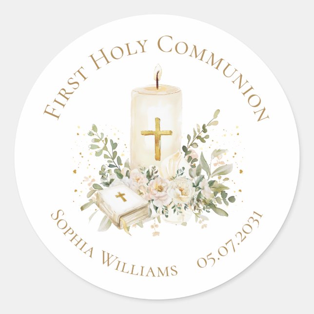 Candle Cross Bible Roses First Holy Communion Classic Round Sticker (Front)