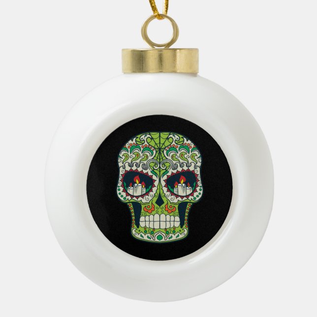 Candle Eyes Tattoo Mexican Sugar Skull Ceramic Ball Christmas Ornament (Front)