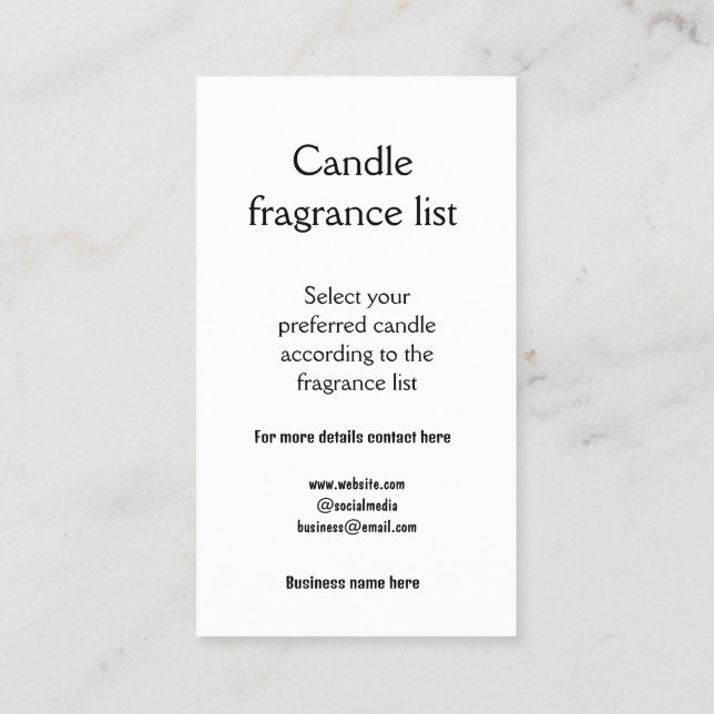Candle fragrance list add business name q r code business card (Back)