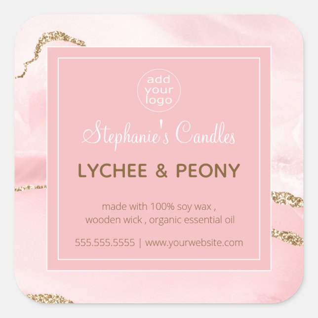Candle Label | Pink  Marble & Gold Glitter  (Front)