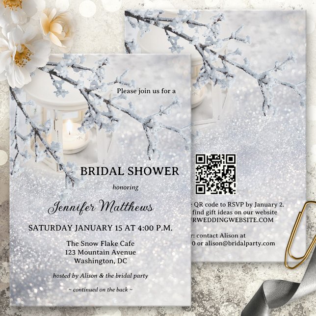 Candle Lantern Snow Winter Bridal Shower Invitation (Bridal shower invitation showing a romantic winter scene with a candle lit lantern in sparkling snow)