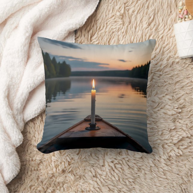 Candle Light on Boat at Sunset Lake Cushion (Blanket)