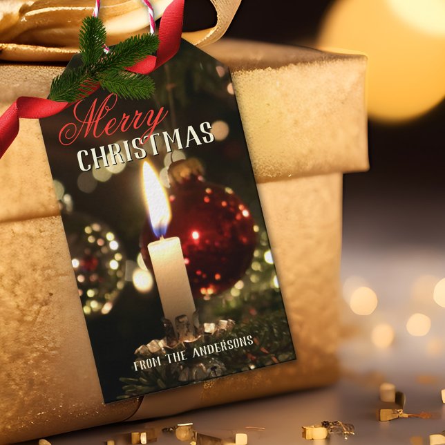 Candle Light Sparkles Merry Christmas Gift Tag (A stylish Christmas gift tag featuring a candle on a background of sparkling cheerful lights)