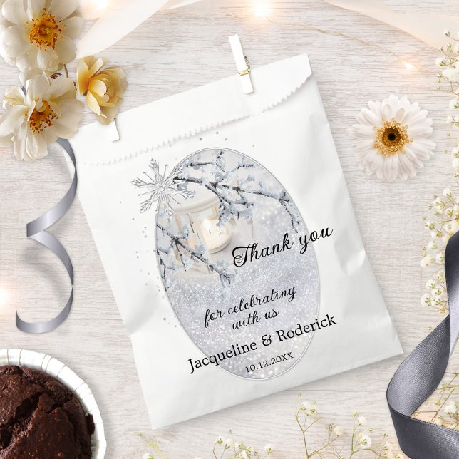 Candle Lit Lantern in Sparkling Snow Wedding  Favour Bag (Winter wedding favor gift bag featuring a candle lit lantern in sparkling snow.)