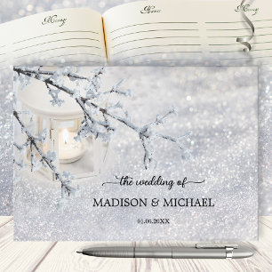 Candle Lit Lantern In Sparkling Snow Wedding Guest Book