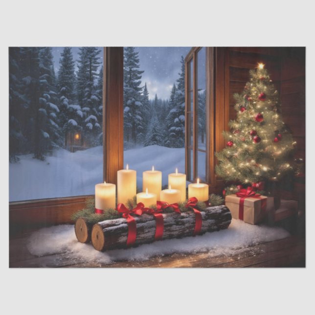 Candle Lit Yule Log Table Centerpiece Decoupage Cr Tissue Paper (Front)