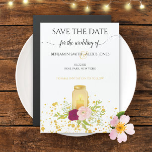 Candle Mason Jar Gold Glitter Save the Date Magnetic Invitation
