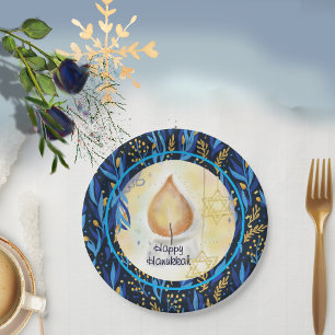  Candle Navy Blue Pattern Happy Hanukkah Paper Plate
