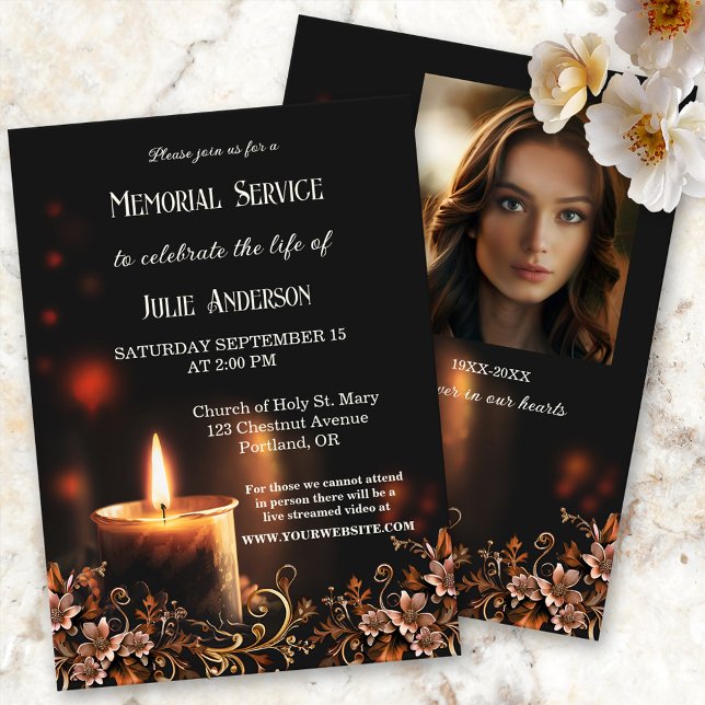Candle Photo Funeral Memorial Service Invitation (Memorial, funeral service or celebration of life invitation featuring a candle and flowers.)