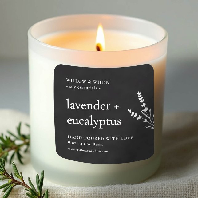 Candle Product Packaging Black White Botanical Square Sticker (product label personalized square black white botanical maker artisan crafter gifting)