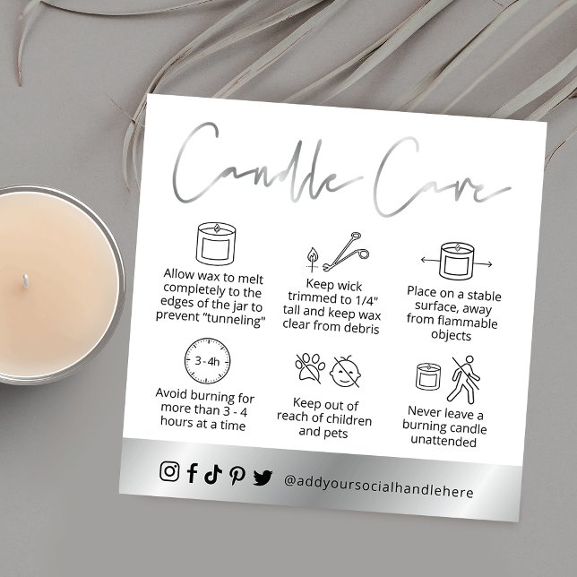 Candle Safety Guide Modern Silver Script Logo Square Business Card (Creator Uploaded)