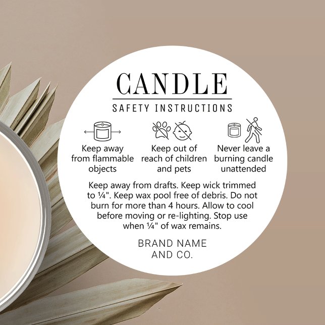Candle Safety Label With Icons Simple Black White (Minimal candle safety stickers with care icons and fully editable text and colors)