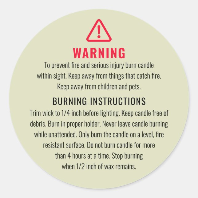 Candle Warning and Burning Instructions Label (Front)