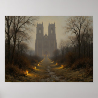 Candlelit Cathedral Path Impressionist Oil Art Poster