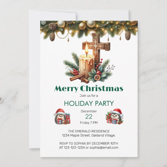 Candlelit Cross with Cinnamon and Berry Christmas Invitation (Front)
